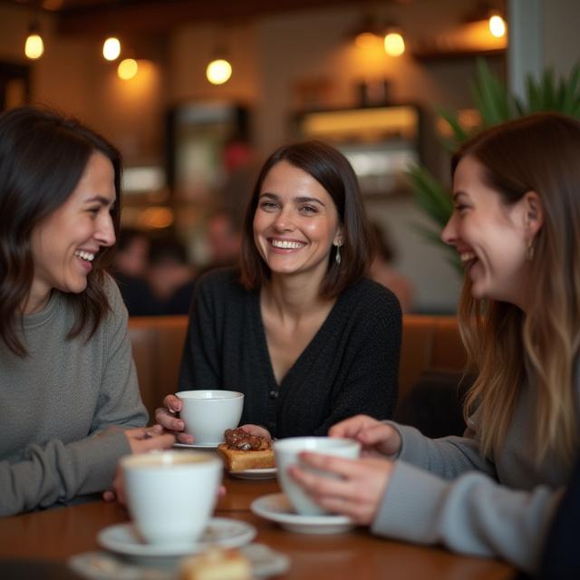 Gäste genießen ihren Kaffee und lachen im gemütlichen Sitzbereich.